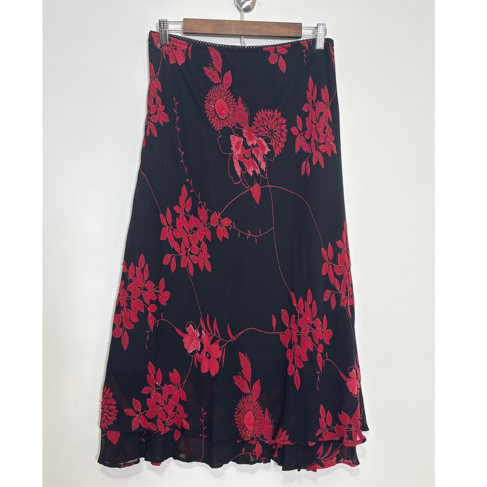 Whimsigoth Floral Beaded Midi Skirt 10P Sheer Witchy Chiffon Layered Ruffle